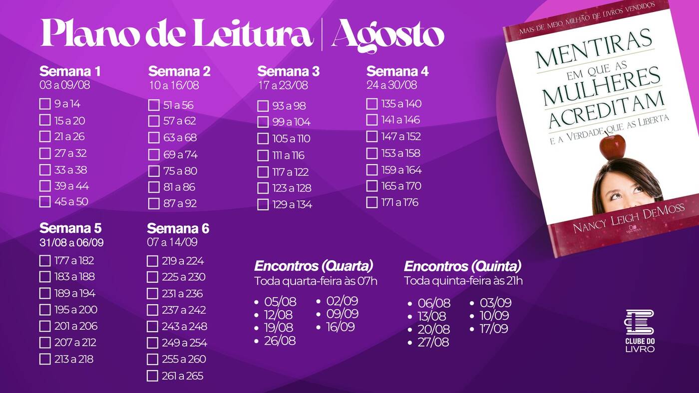 Cronograma de leitura de Agosto do Clube do Livro para Mulheres